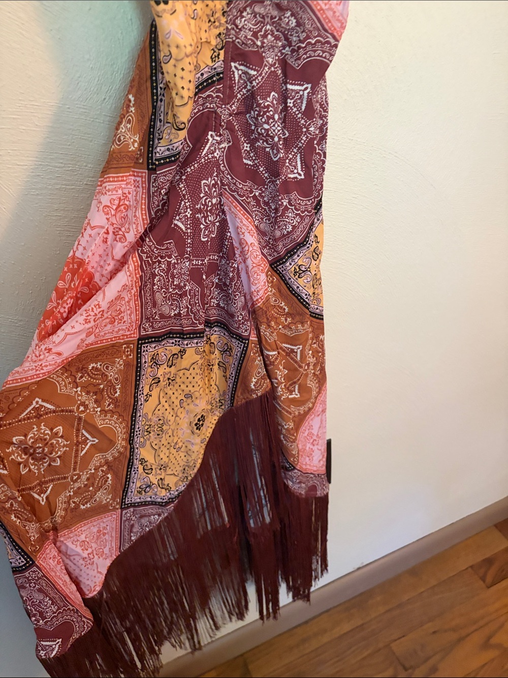 Bohemian Patchwork Slip Dress with Fringe - Rust, Pink & Mustard - Picture 6 of 6